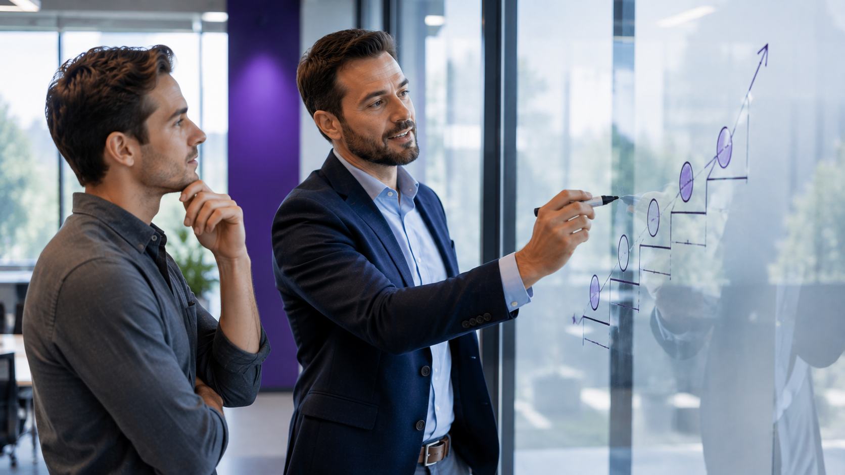 IT advisor mapping out growth stages at a glass wall with a business owner