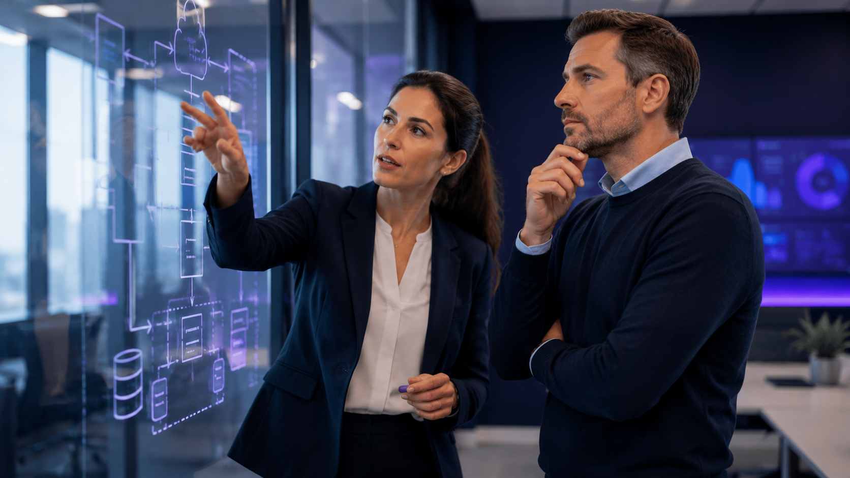 Two IT professionals reviewing a backup system architecture diagram on a glass wall