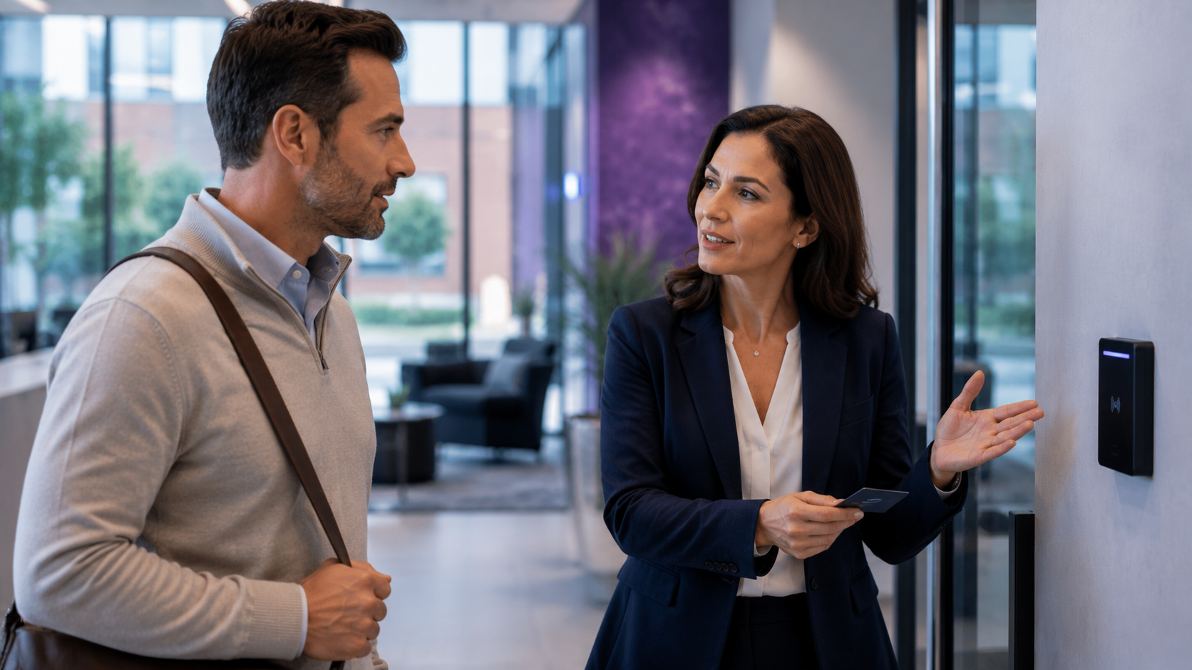 Business owner and IT security advisor discussing access control at an office entry point