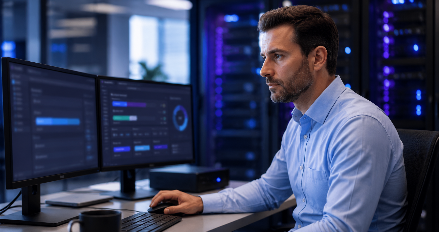 IT engineer running a data-recovery restore test at a dual-monitor workstation