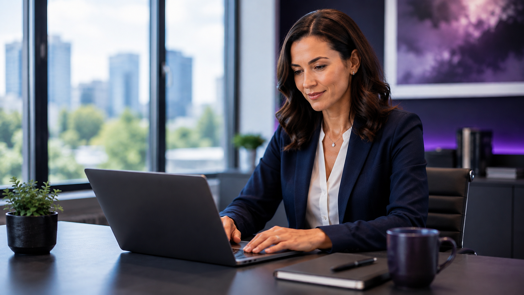 Professional using a password manager application on a laptop in a bright modern office