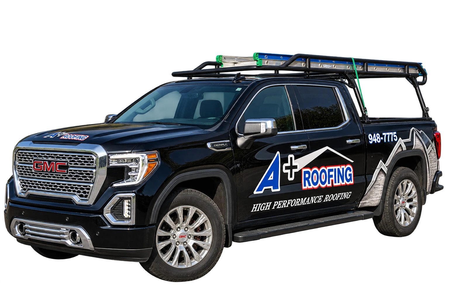 A+ Roofing GMC service truck parked at a completed roofing project in the Tri-Cities