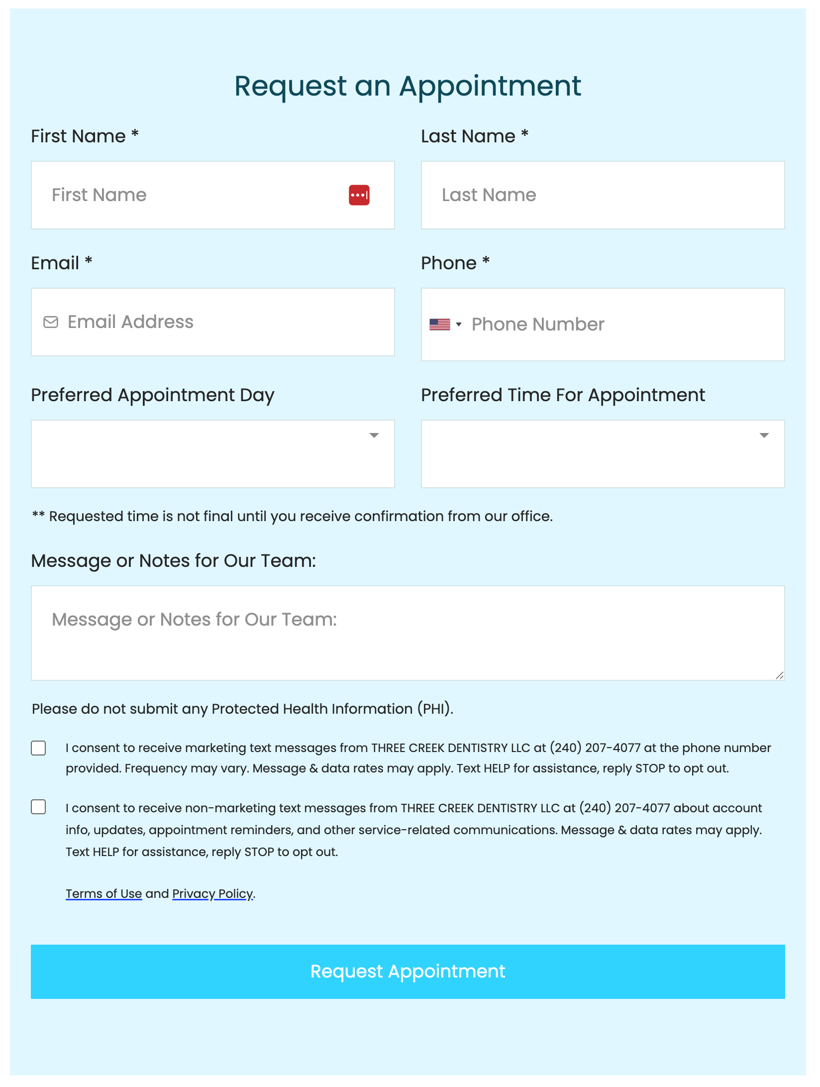 SMS consent checkboxes on appointment request form