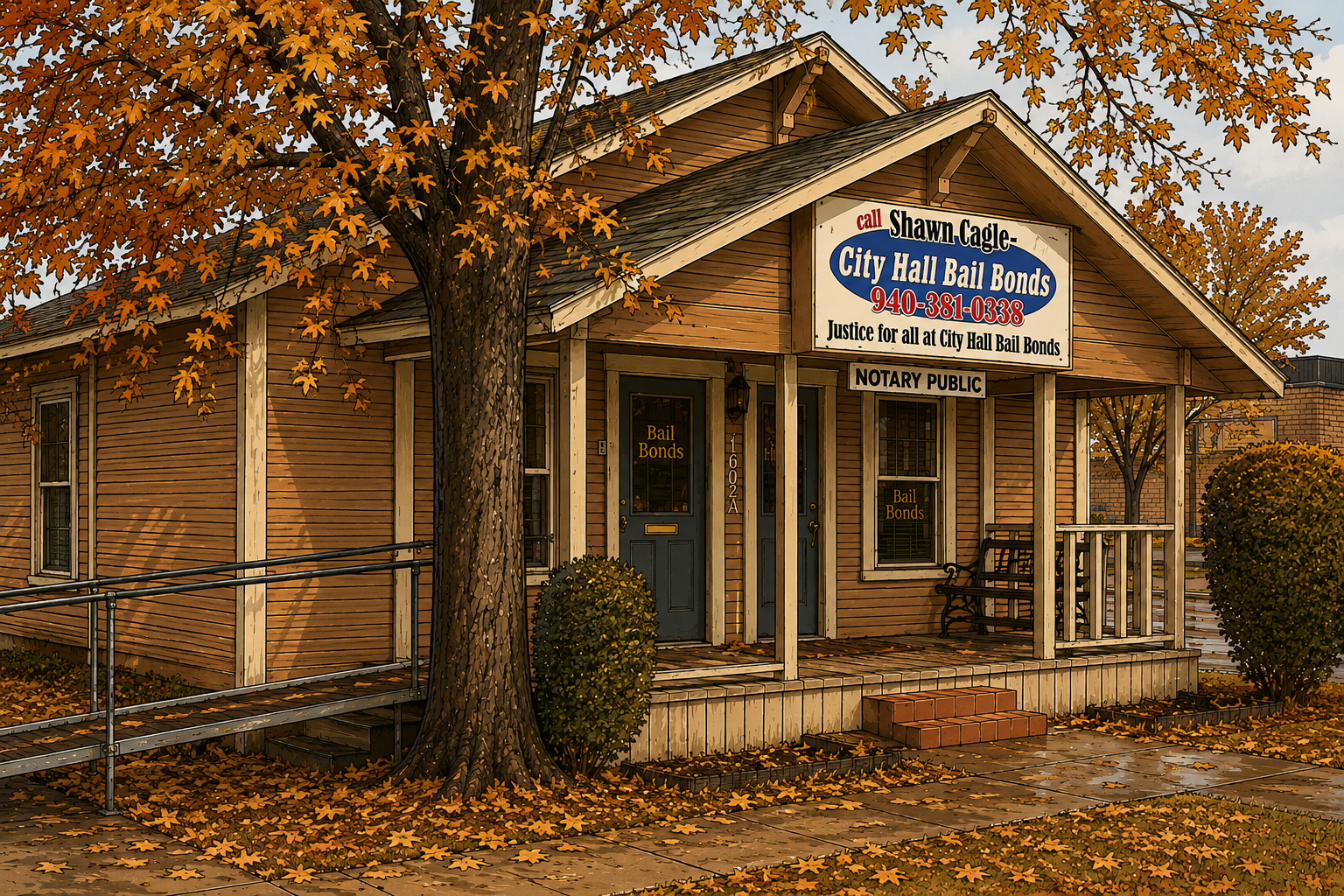 The City Hall Bail Bonds office on East McKinney Street in the fall: signage, front porch, and the wheelchair ramp along the side