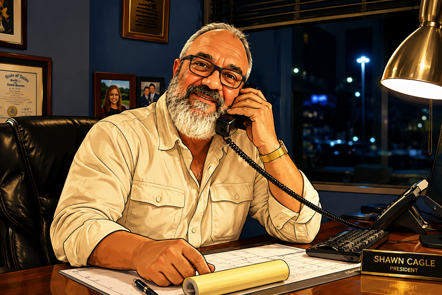 Shawn Cagle at his desk after hours, on the phone with a family, license and family photos on the wall behind him