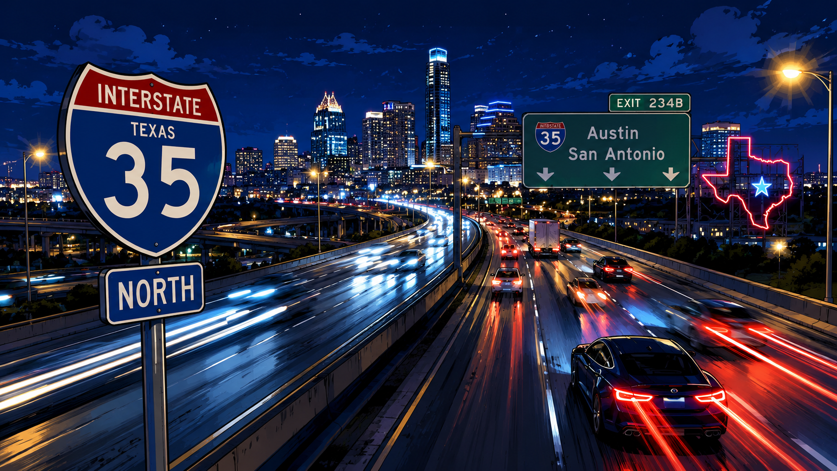 Interstate 35 north at night, the corridor that carries most of Denton County's traffic