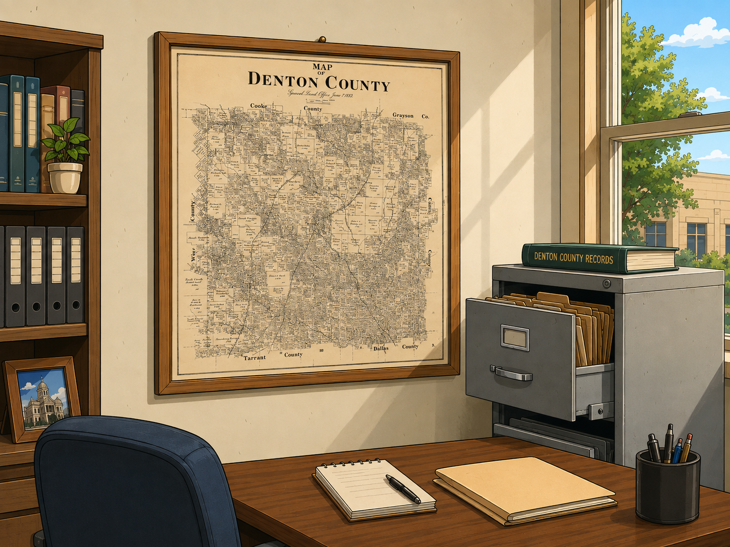 An illustration of a framed Denton County map on an office wall beside a filing cabinet