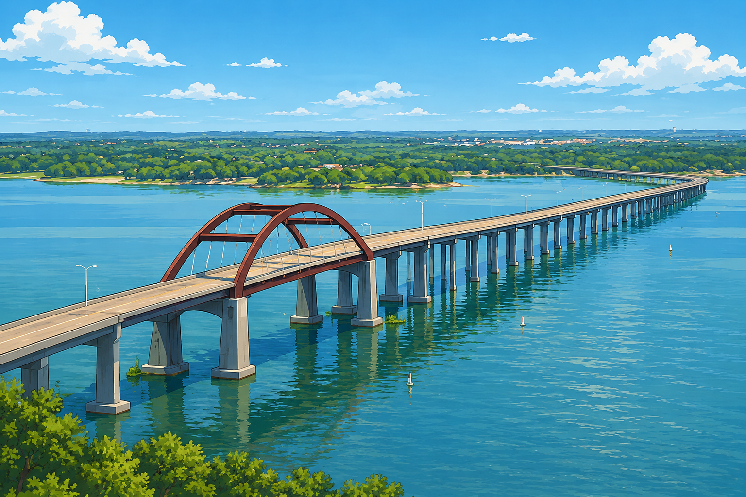An illustration of the bridge across Lake Lewisville