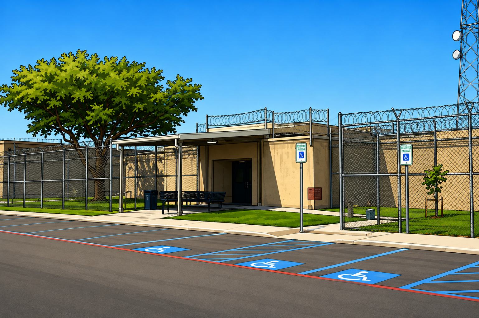 The release door at the Denton County Jail, with the covered walkway and benches outside