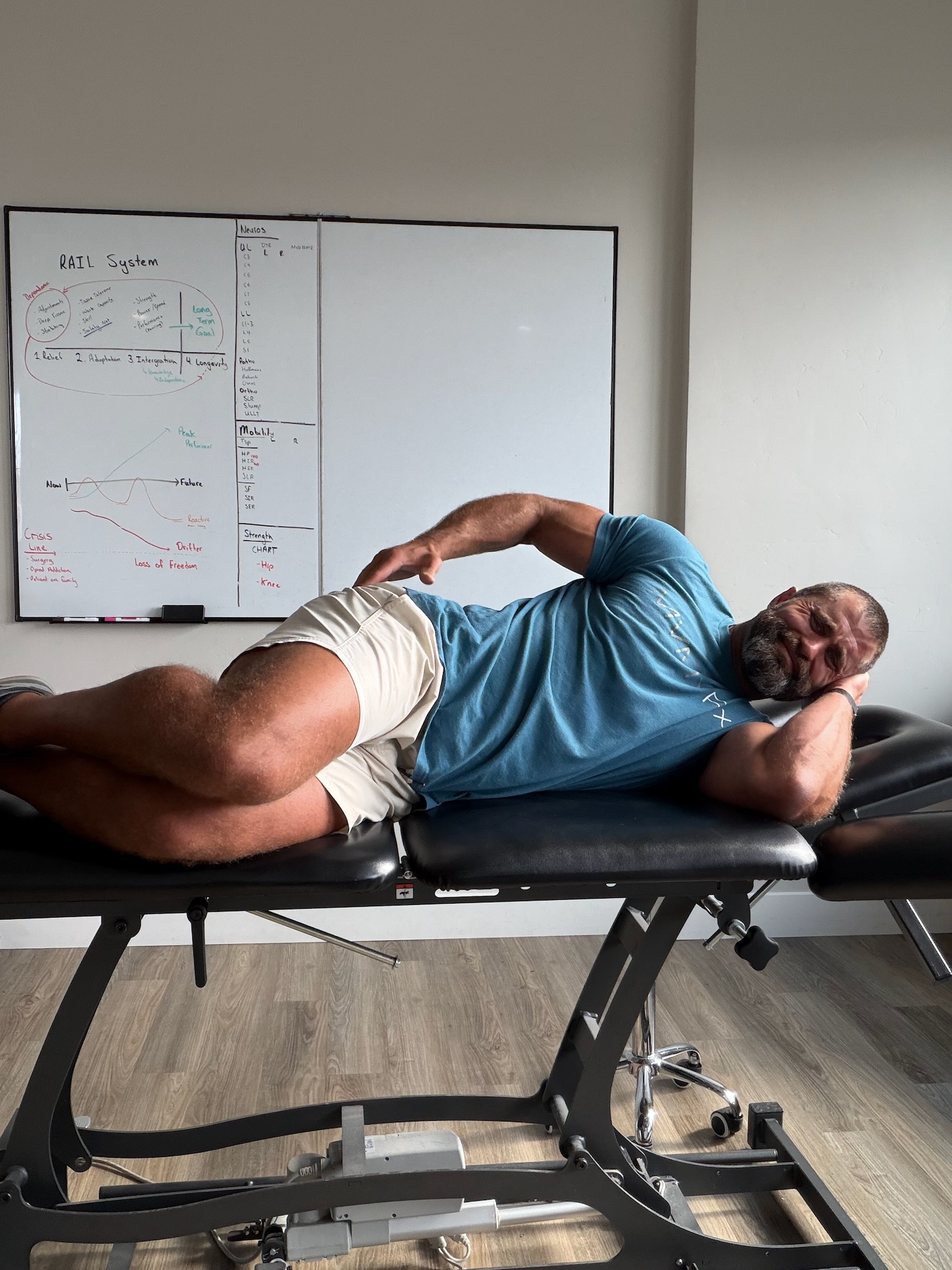 Side-lying without a pillow lets the top leg drop across and compress the gluteal tendon — MVMT Rx Reno Sparks NV