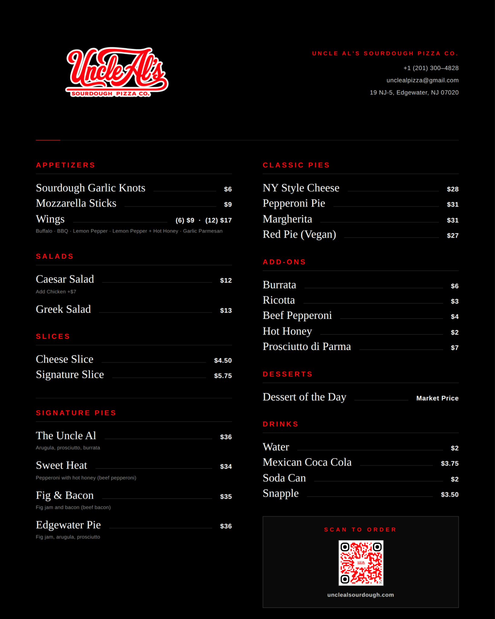 Uncle Al's Sourdough Menu