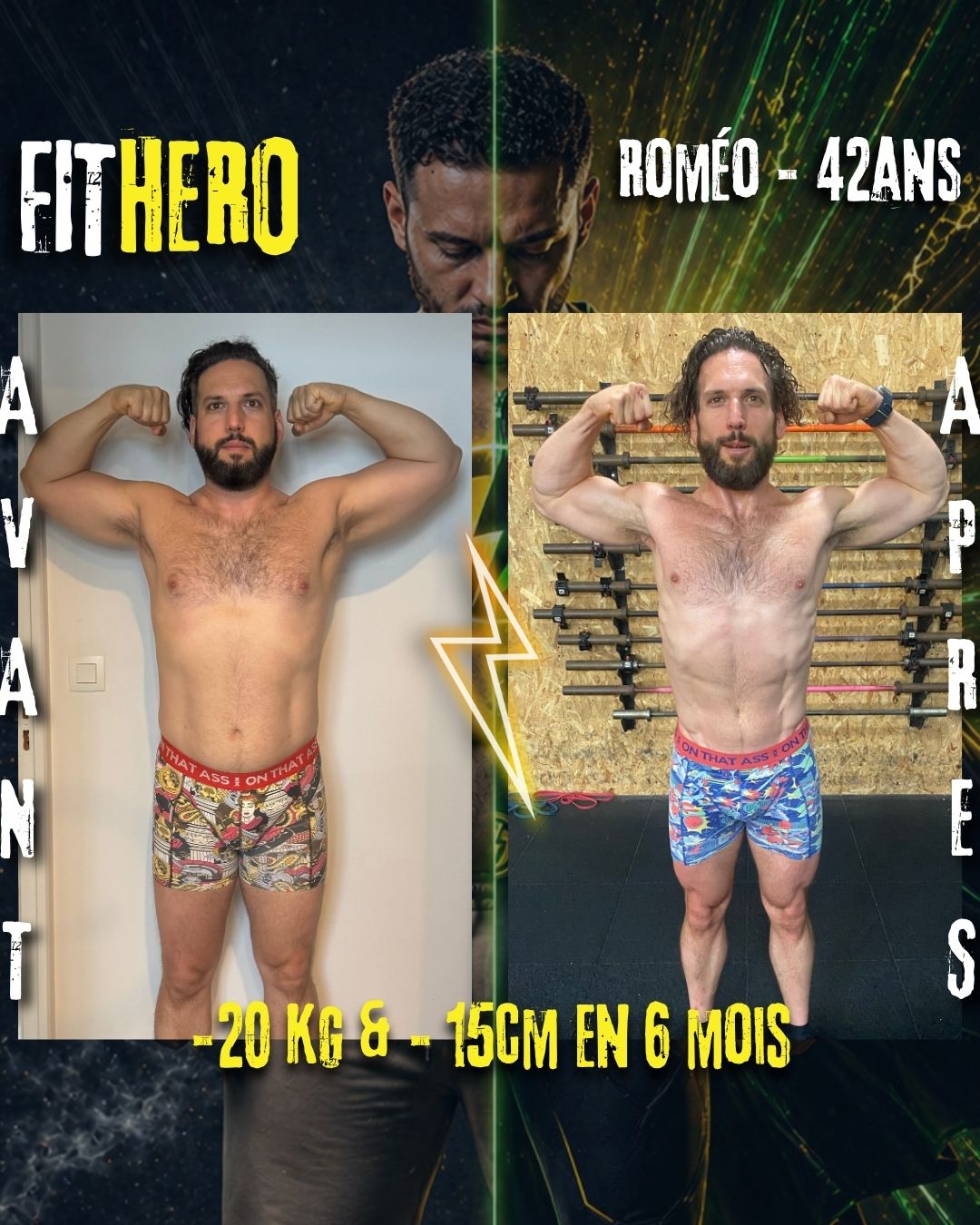 Avant-après Roméo - Transformation FIT HERO -20 kg en 6 mois
