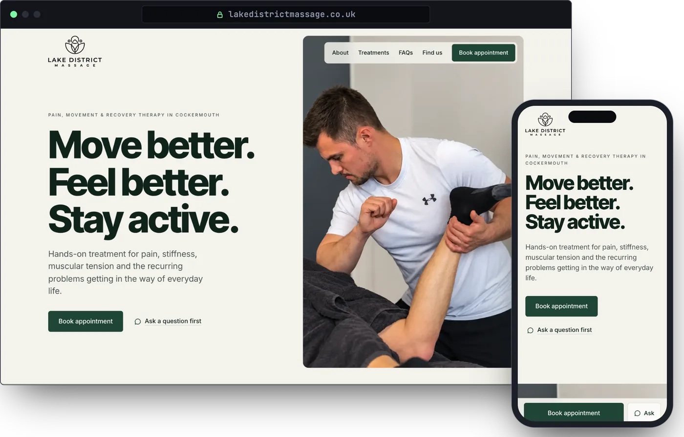 The Lake District Massage website on a laptop and a phone