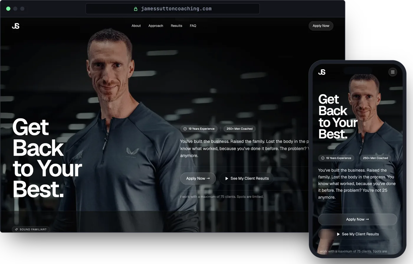 The James Sutton Coaching website on a laptop and a phone