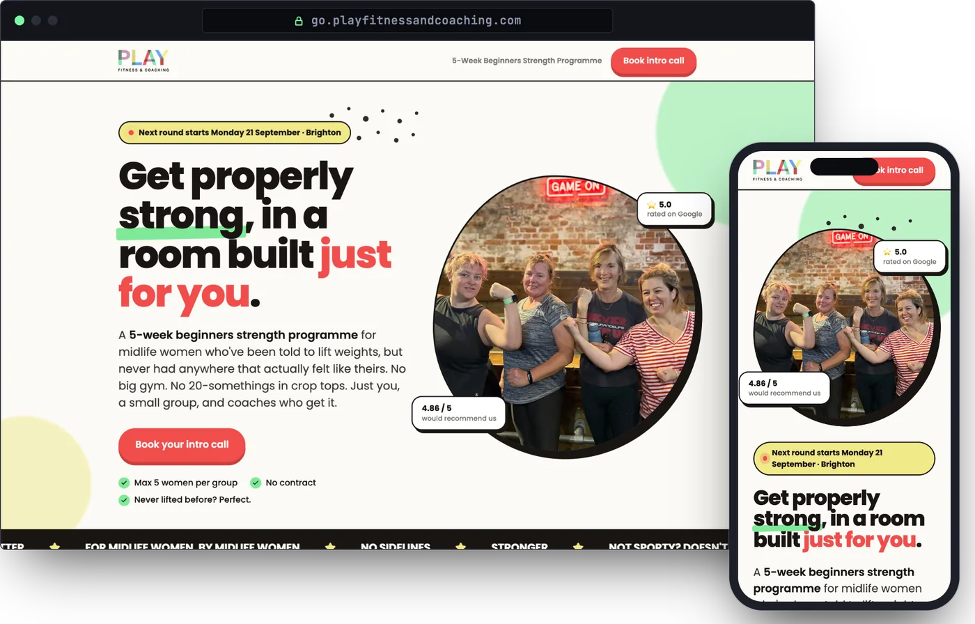 The Play Fitness & Coaching website on a laptop and a phone
