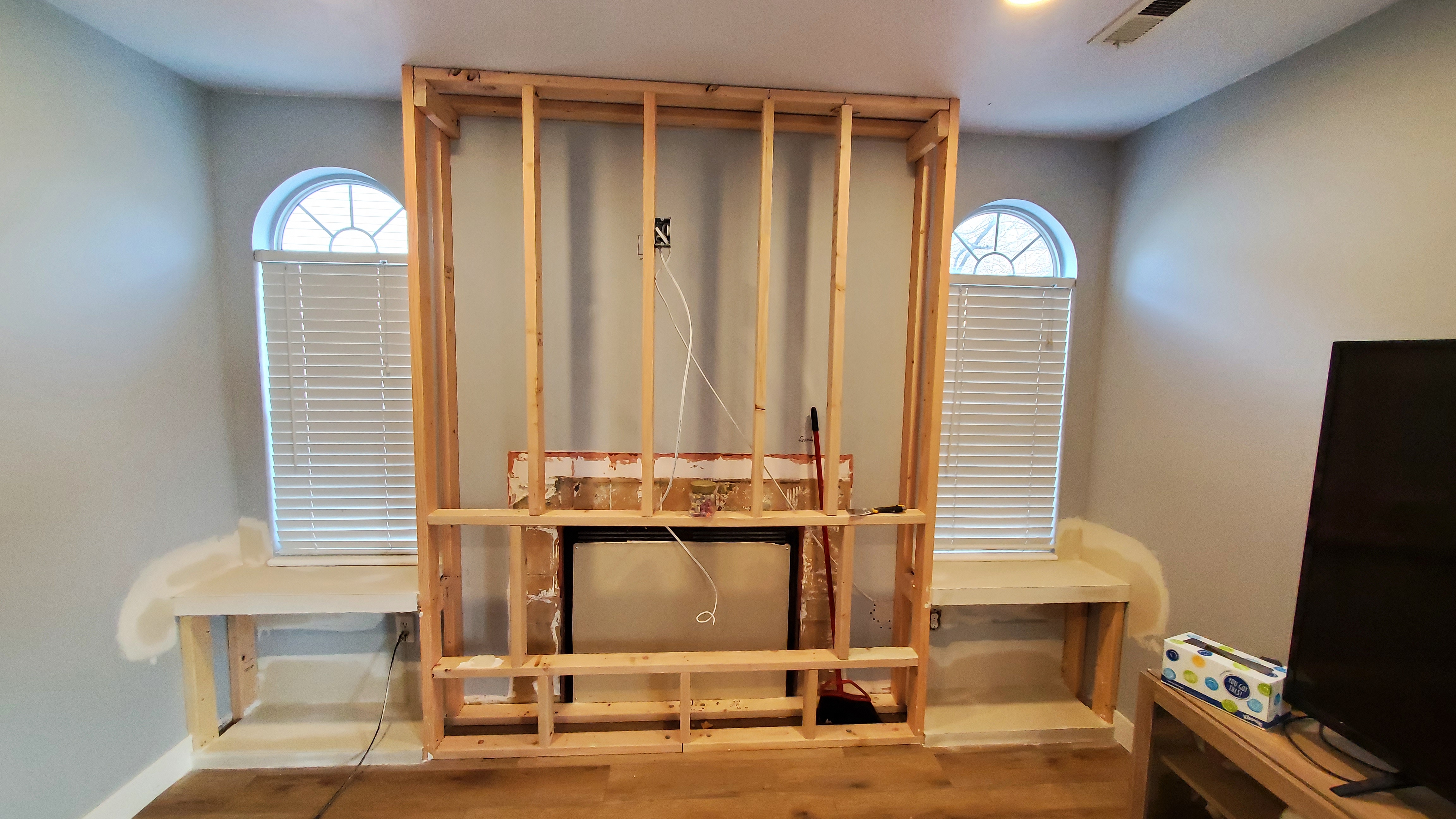 Fireplace and built-ins during construction