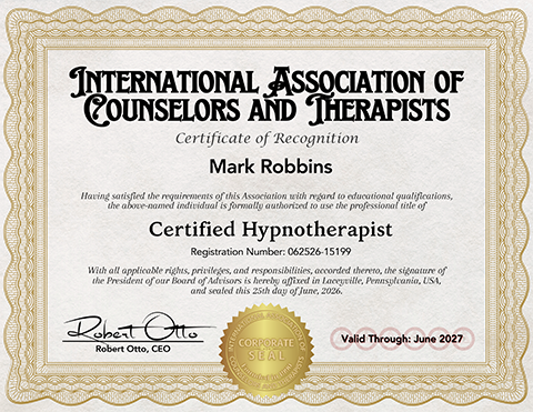 International Association of Counselors and Therapists Certified Hypnotherapist certificate for Mark Robbins
