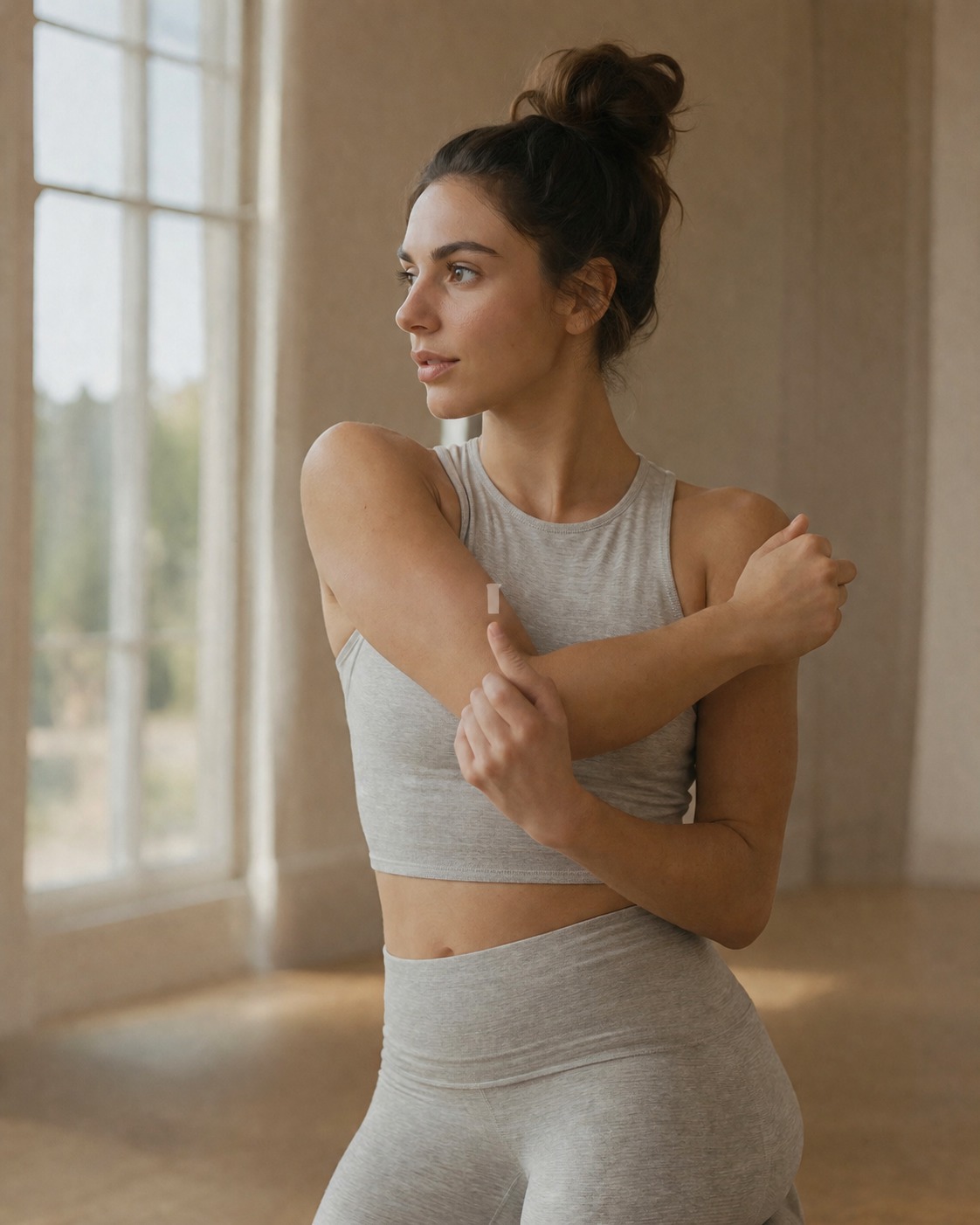 Woman in soft structured athletic wear seated in a sunlit studio