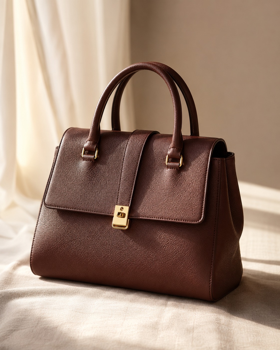 Structured cognac leather handbag with gold hardware on a cream surface