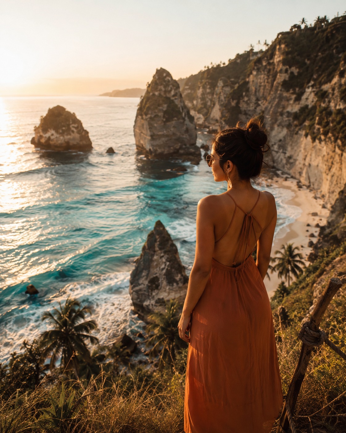 Woman overlooking turquoise ocean water from a cliff at golden hour