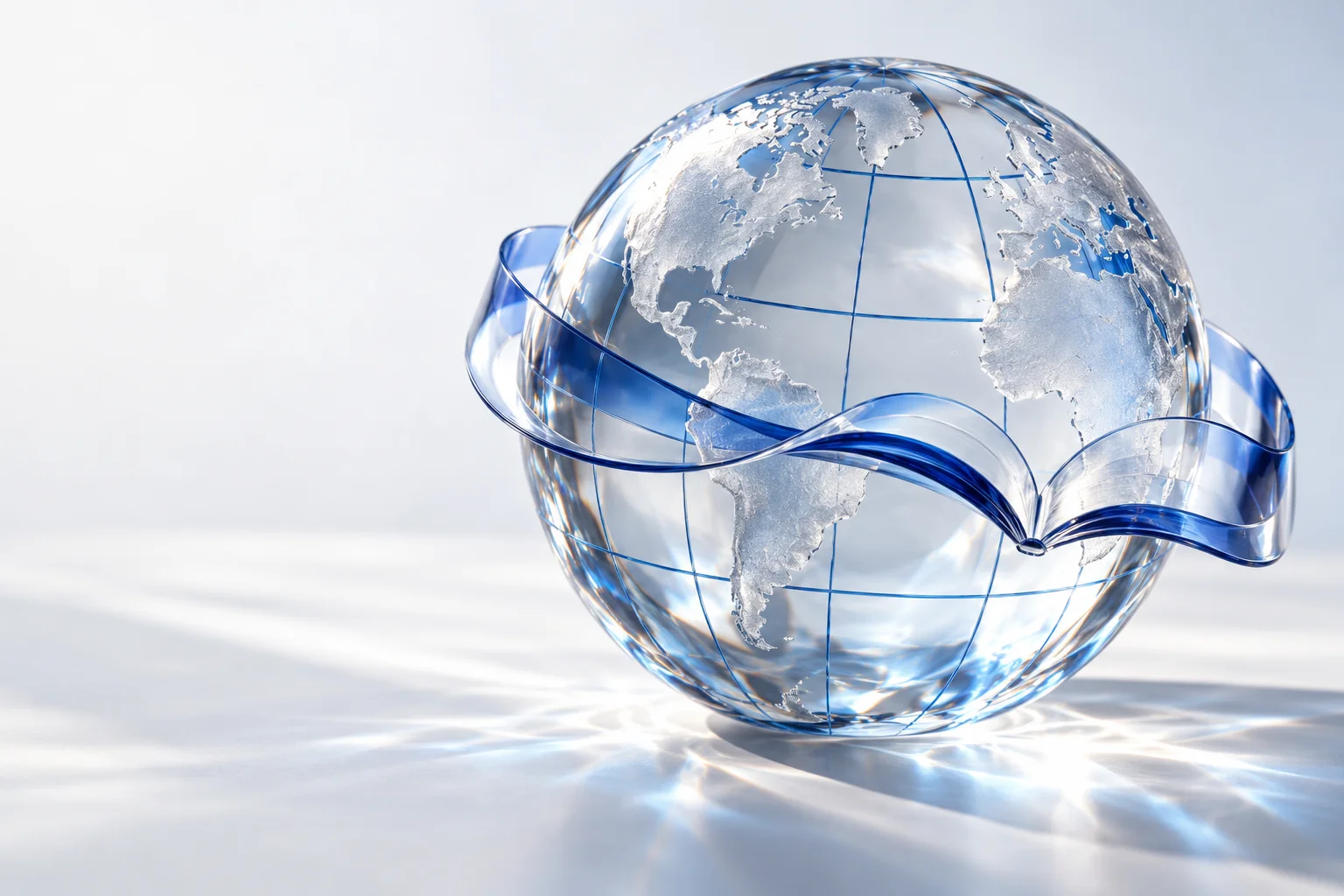 Optical glass globe with a flowing open-book ribbon