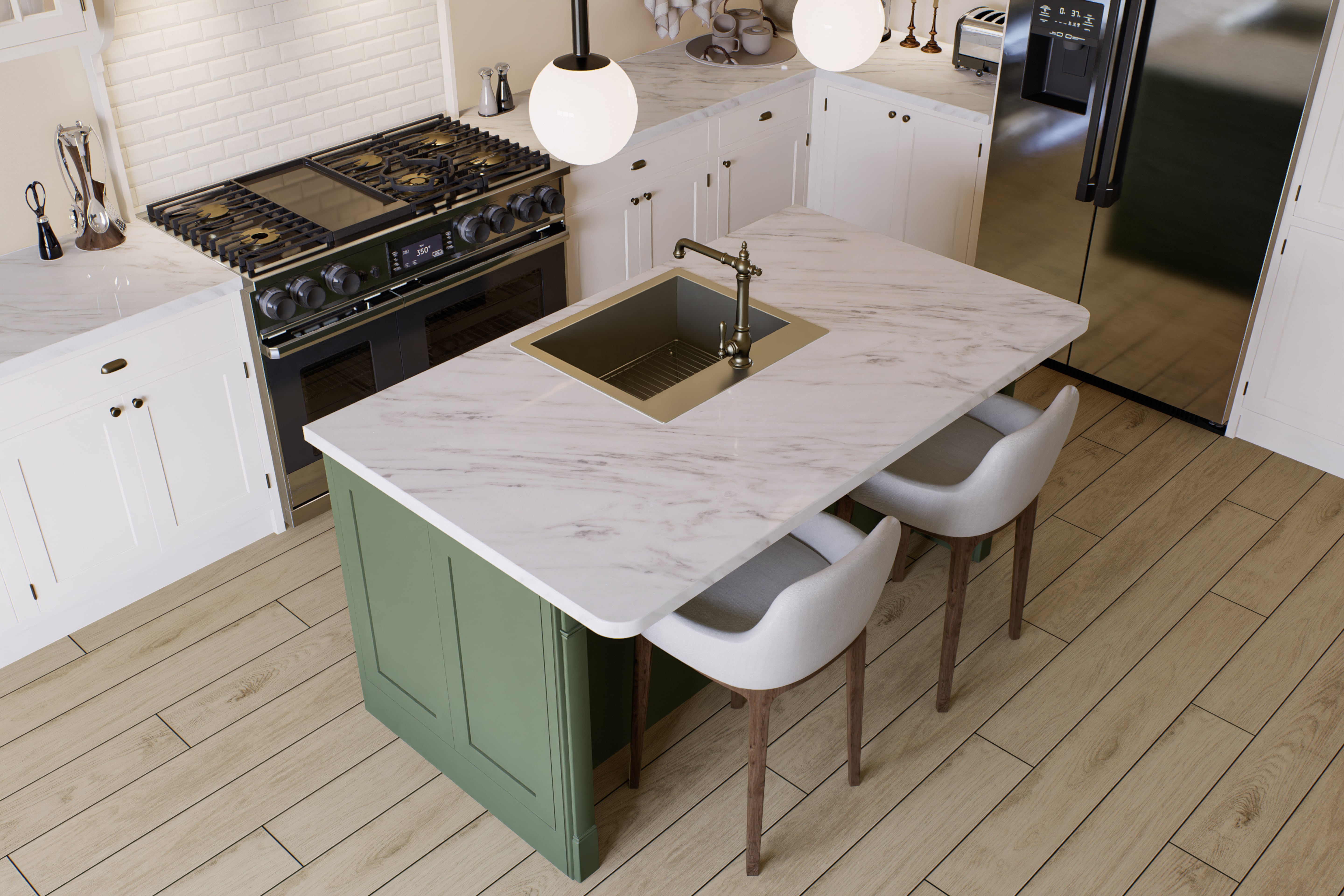 a kitchen with a marble island and a stove