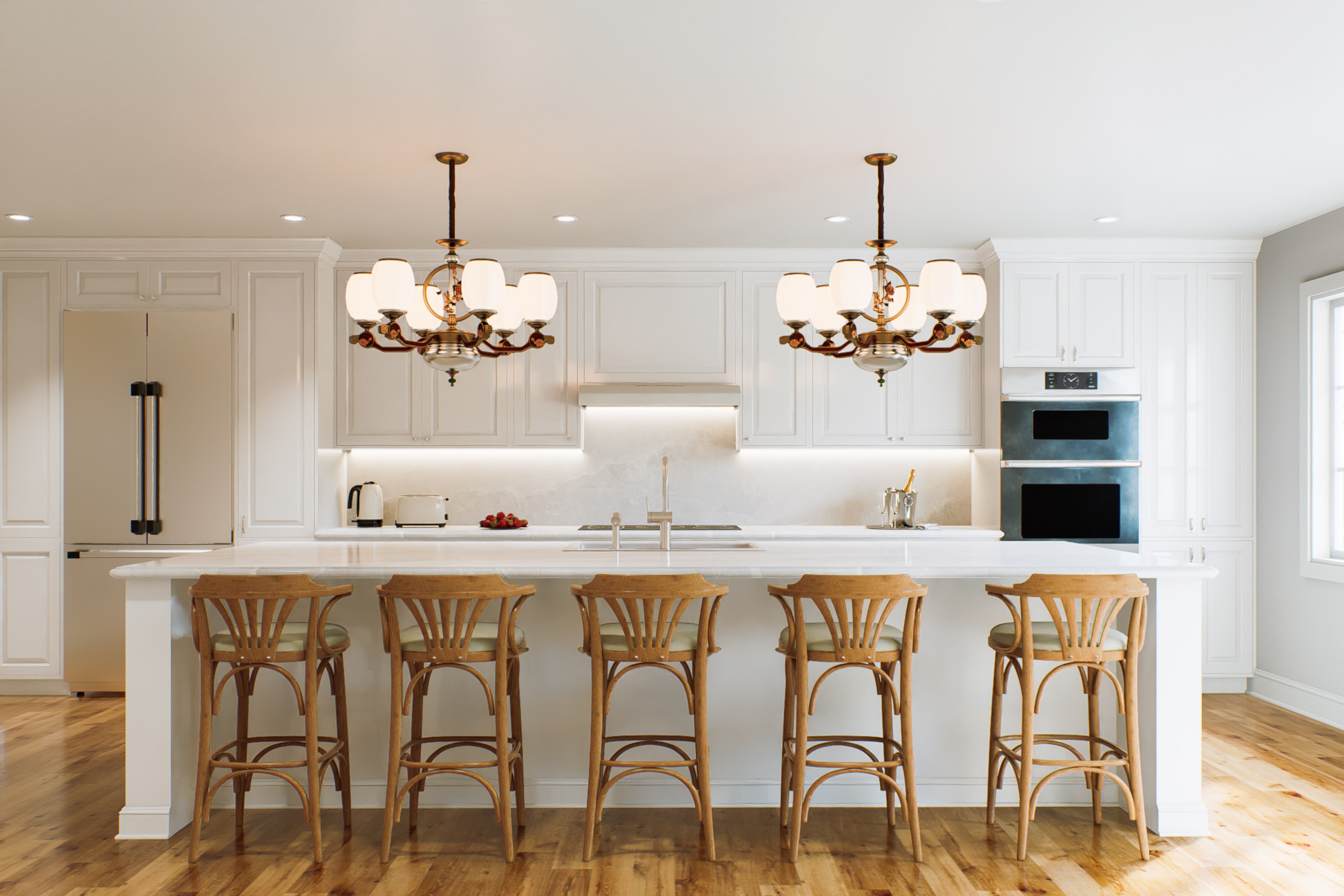 a kitchen with white cabinets and a bar stools