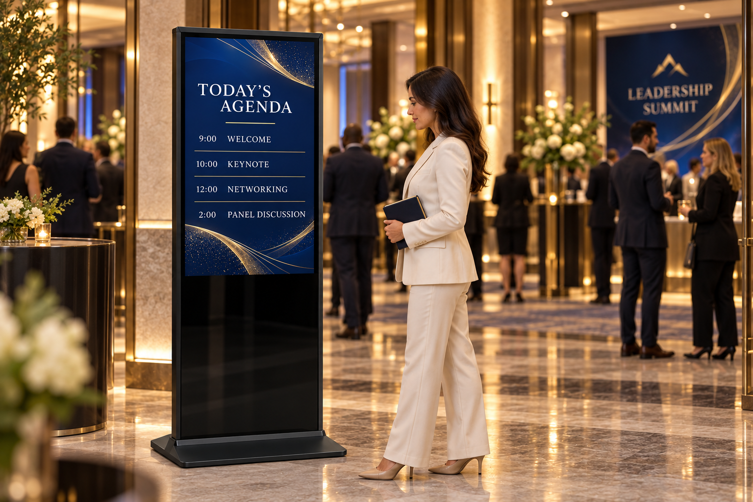A conference attendee reading the agenda on a black kiosk