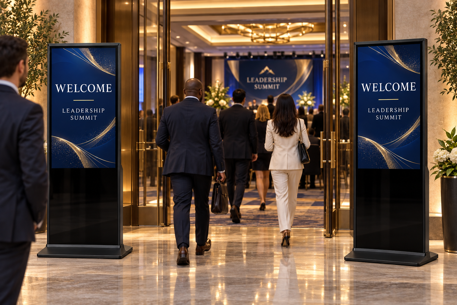 Two black kiosks welcoming guests at a corporate event entrance