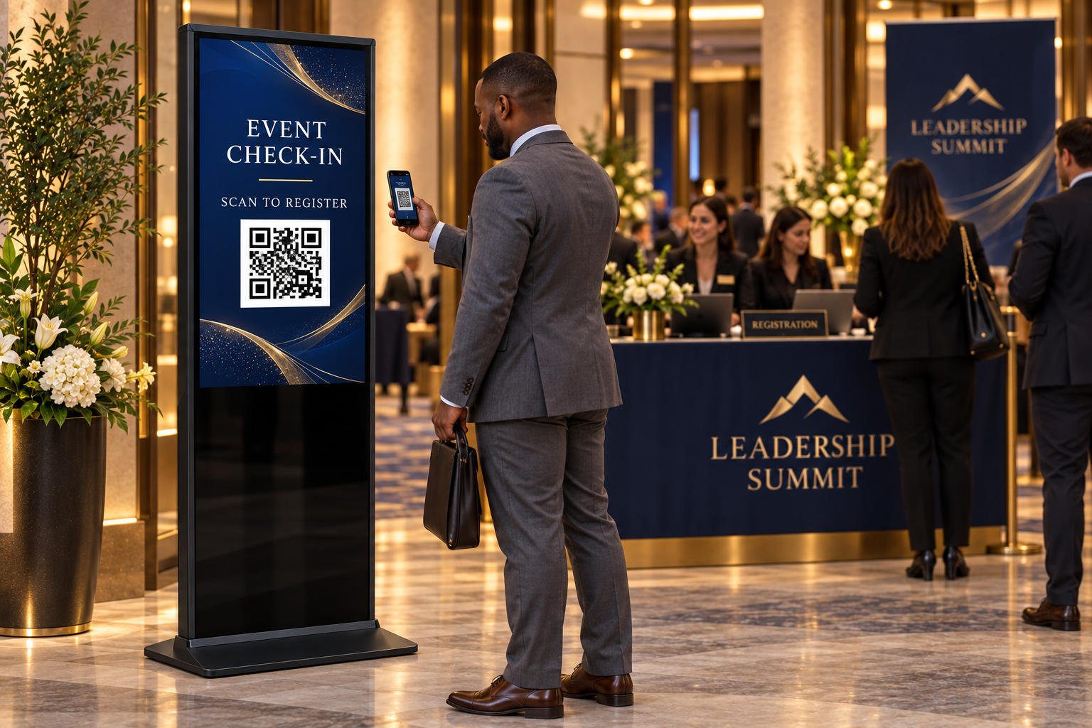 A guest scanning a registration QR code displayed on a black kiosk