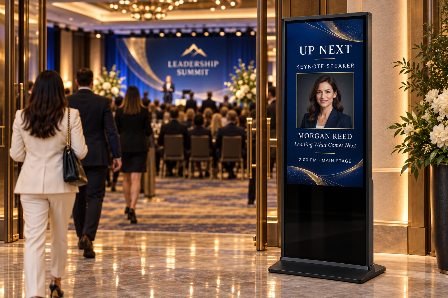 A black kiosk announcing the next keynote speaker