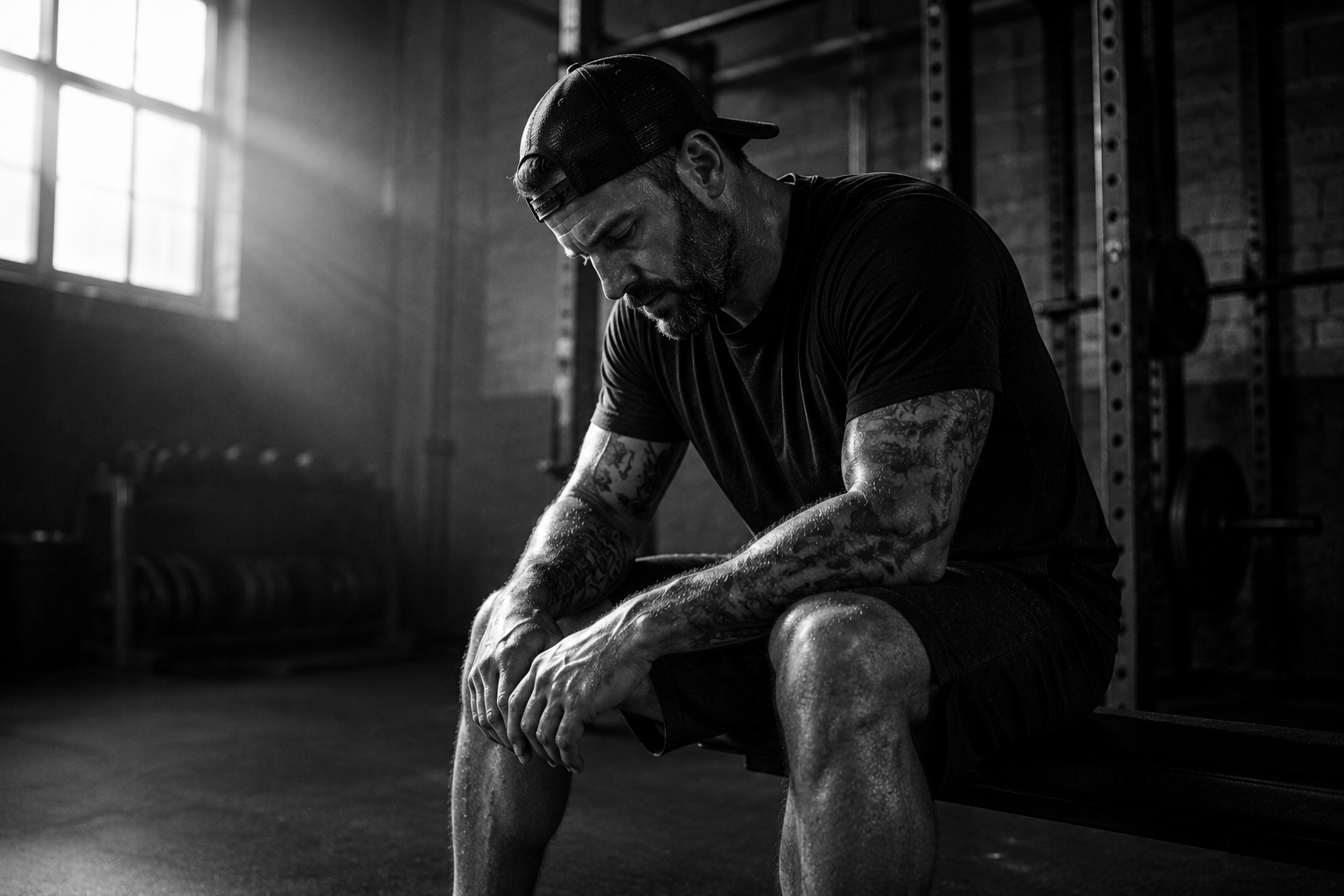 Man resting on a gym bench after a workout, recovery and discipline