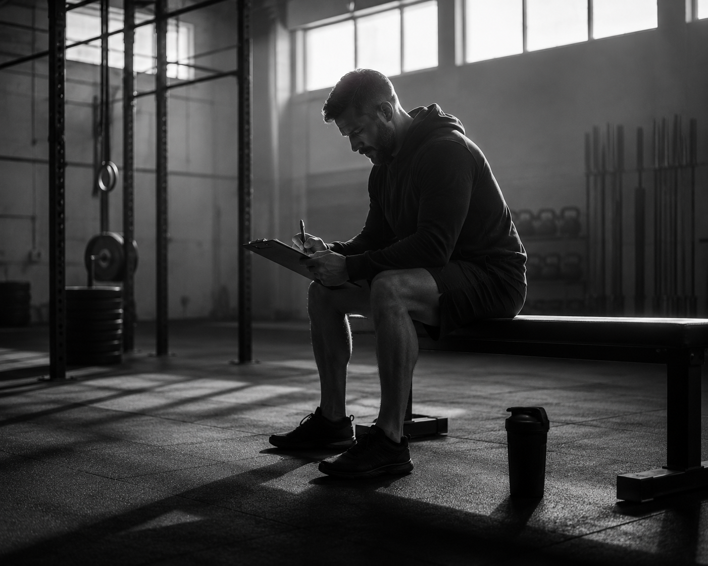 Fitness coach preparing alone in an empty gym early in the morning