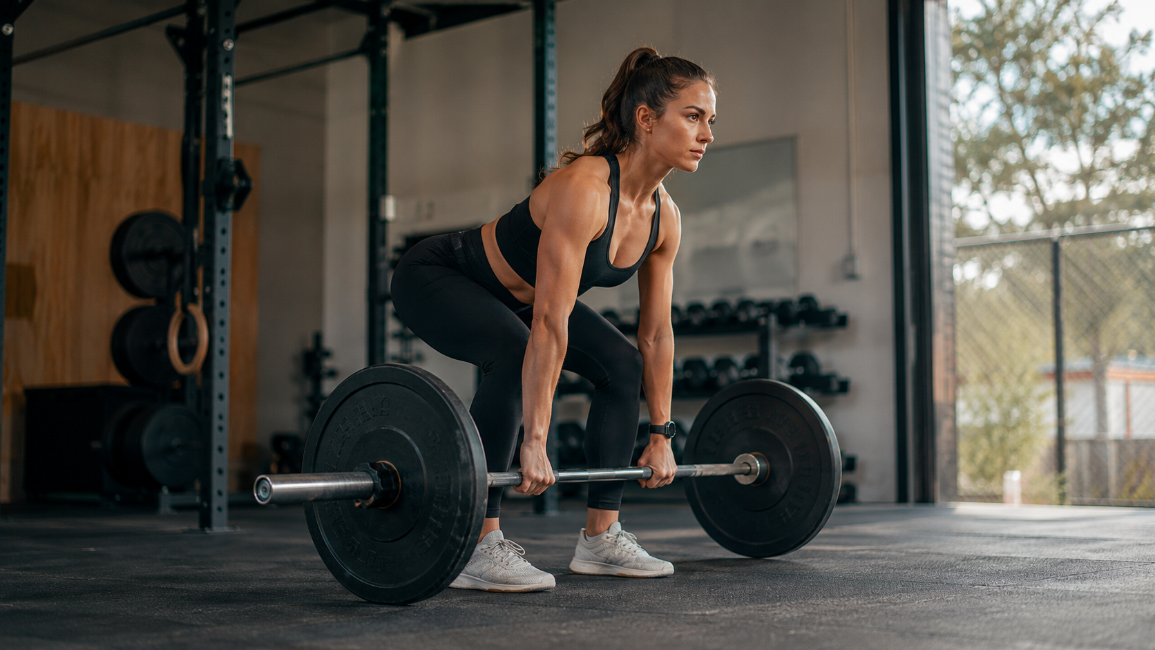 Woman lifting heavy weights to build muscle and change her body composition