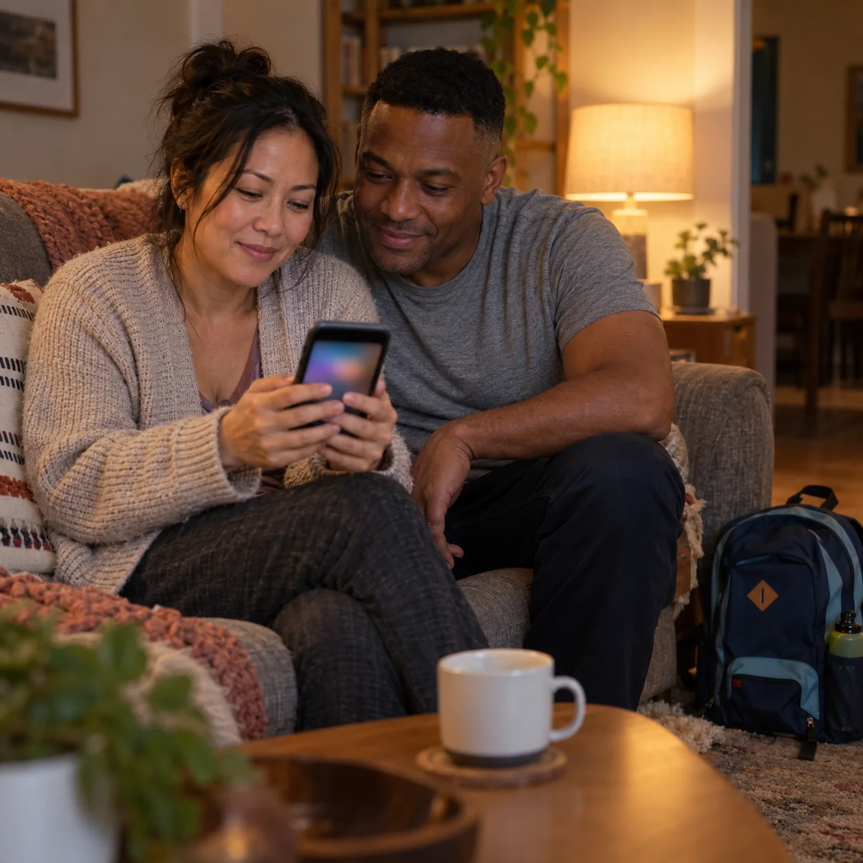 A couple on a couch look at a phone together, setting something up side by side
