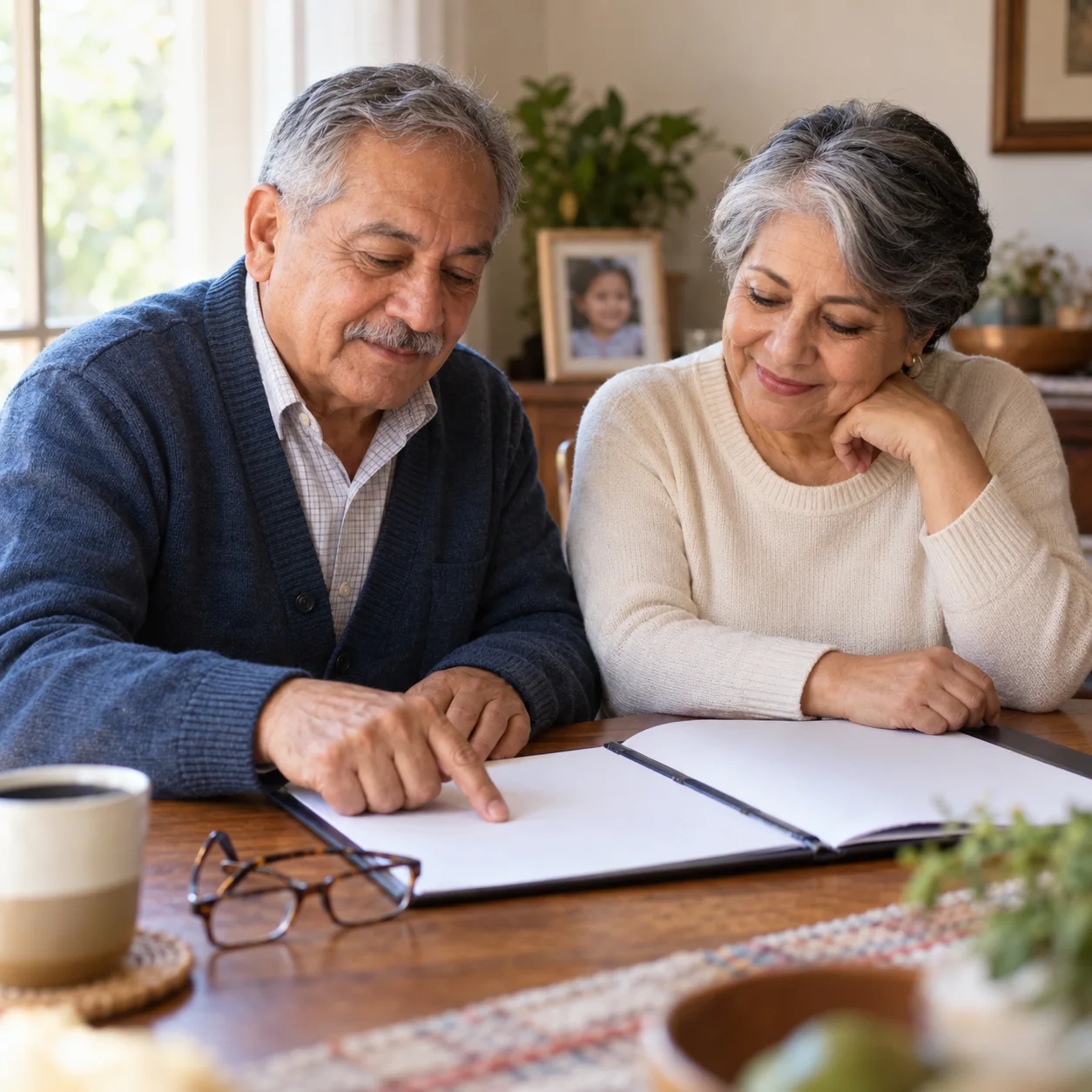 An older couple at a dining table, relaxed and content, going through their plan in a folder together