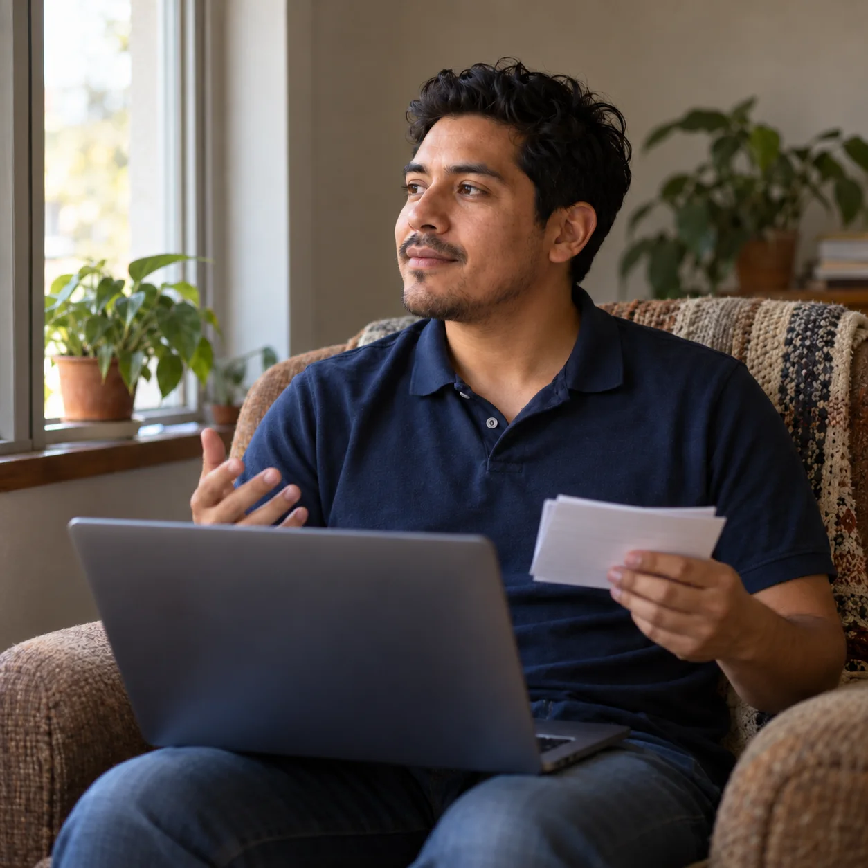 A man on a couch by a window, calm and confident, talking through what he will say with a few note cards in hand