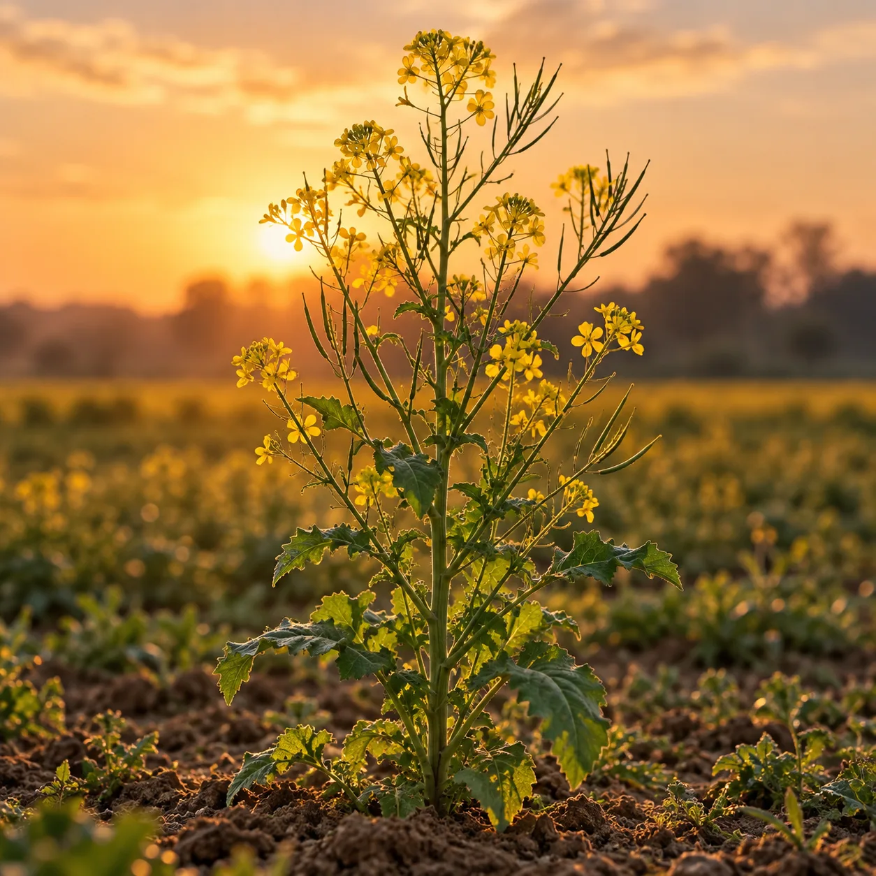 A tall mustard plant in yellow flower in a field at sunset