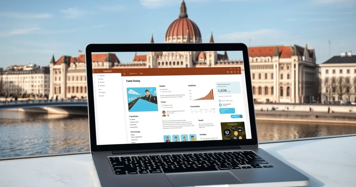 Modern laptop képernyőjén Budapest V. kerület és Pest megye üzleti térképe egy email és SMS automatizálási dashboarddal, leti