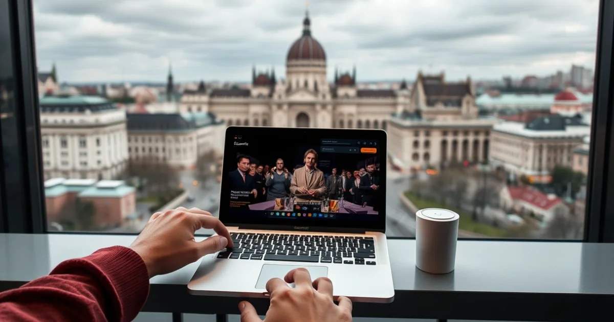 Modern, embermentes irodai asztal nyitott laptop és Facebook hirdetéskezelővel, Budapest IV. kerületi panorámával, digitális