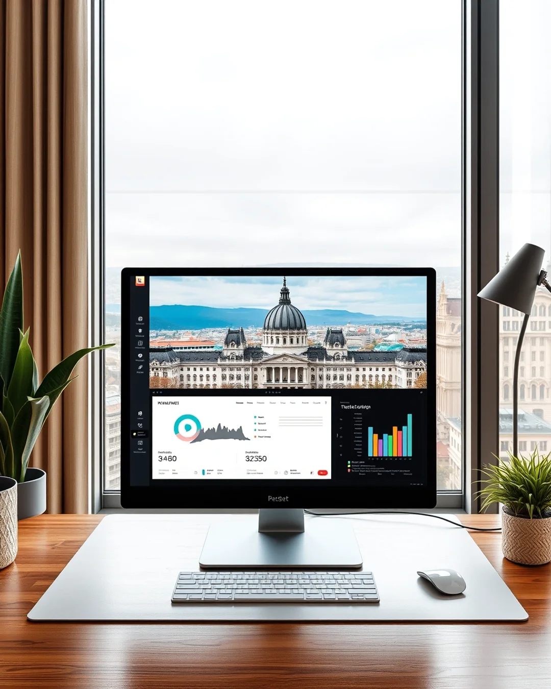 Modern, rendezett budapesti iroda digitális dashboardokkal és Pest megye városi panorámájával, ember nélkül, fotorealisztikus