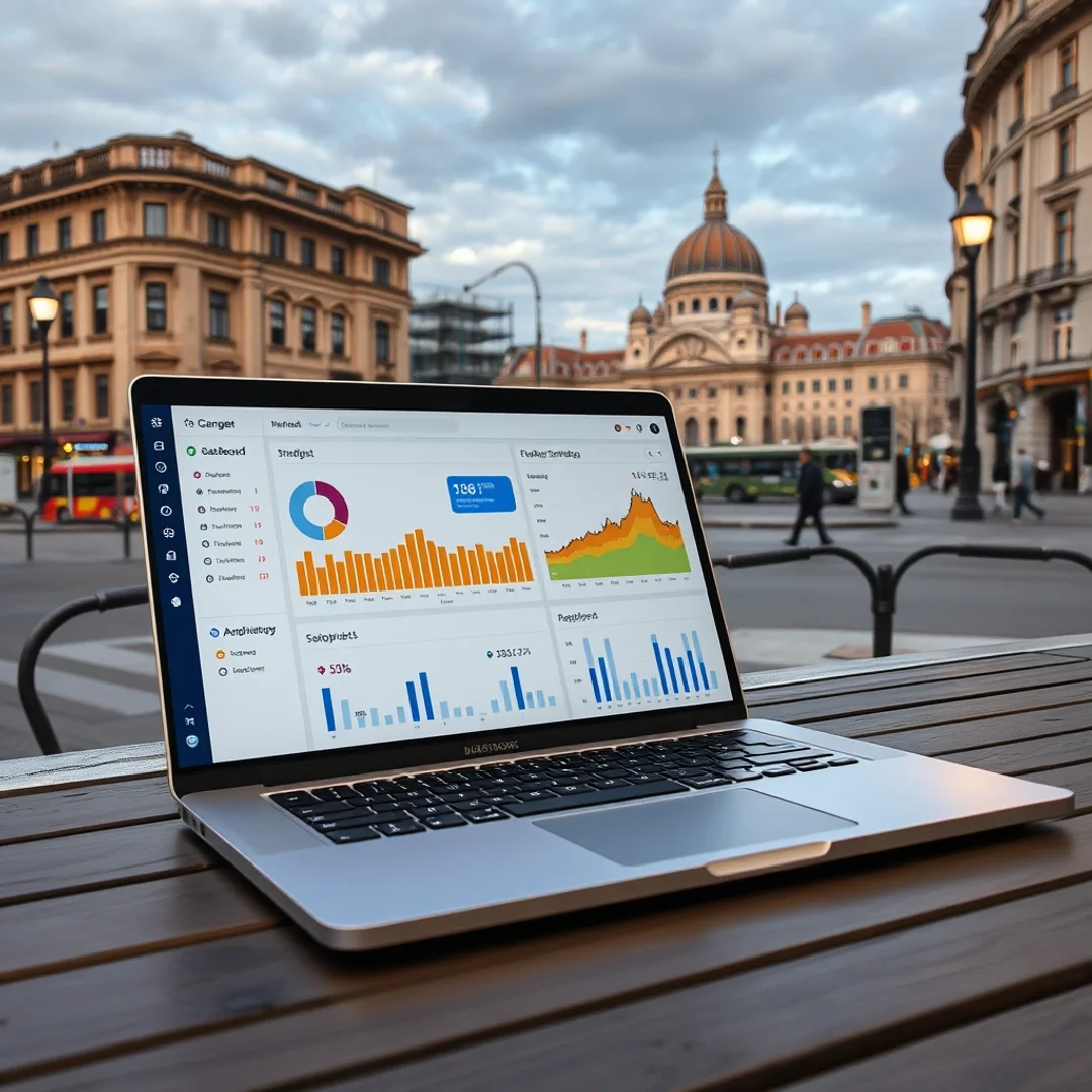 Modern laptop képernyőjén SEO dashboard helyi kulcsszóelemzéssel Budapest térképével, rendezett asztalon digitális eszközökke