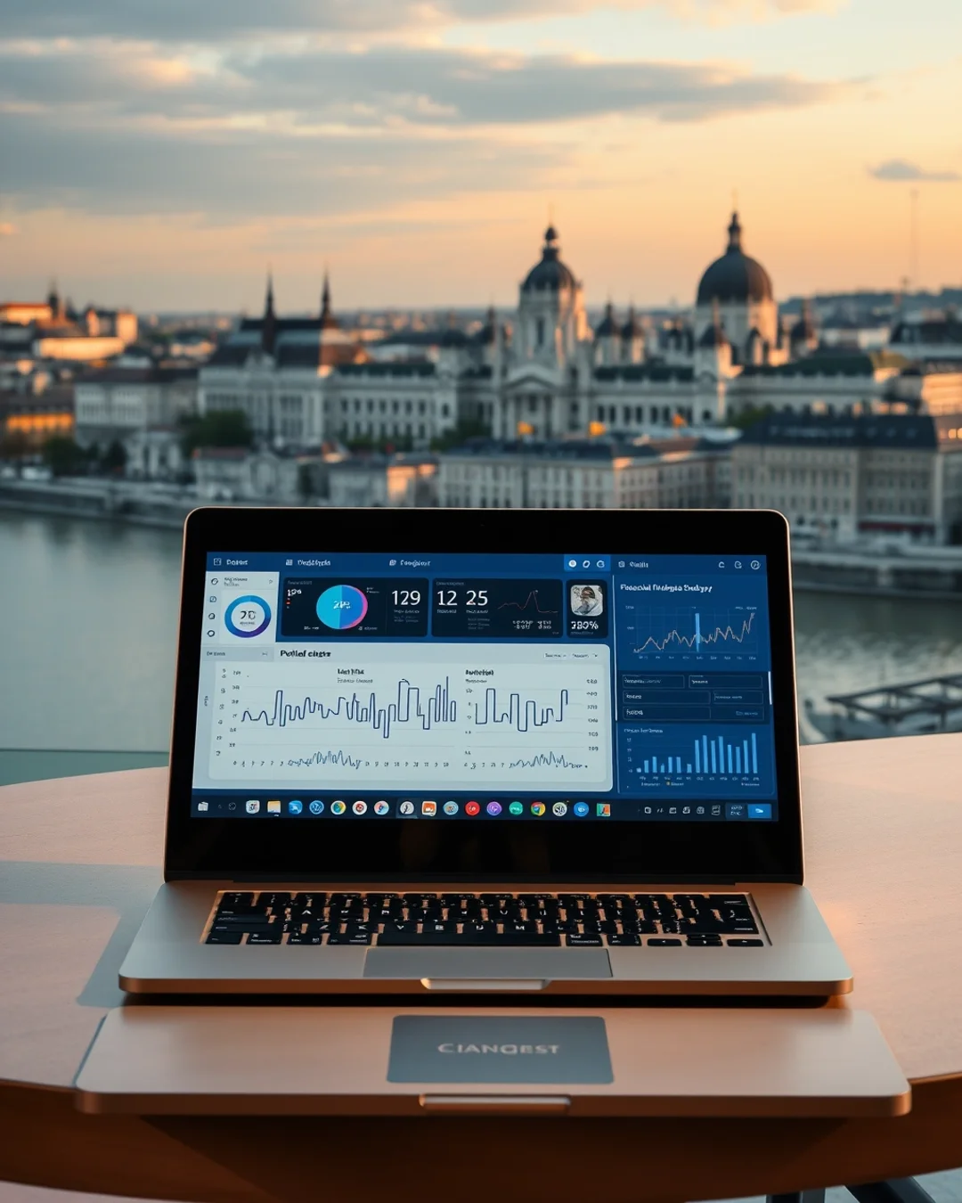 Modern, üres irodai asztal fa felülettel, zárt laptoppal és telefonnal, Budapest városi panorámájával háttérben.