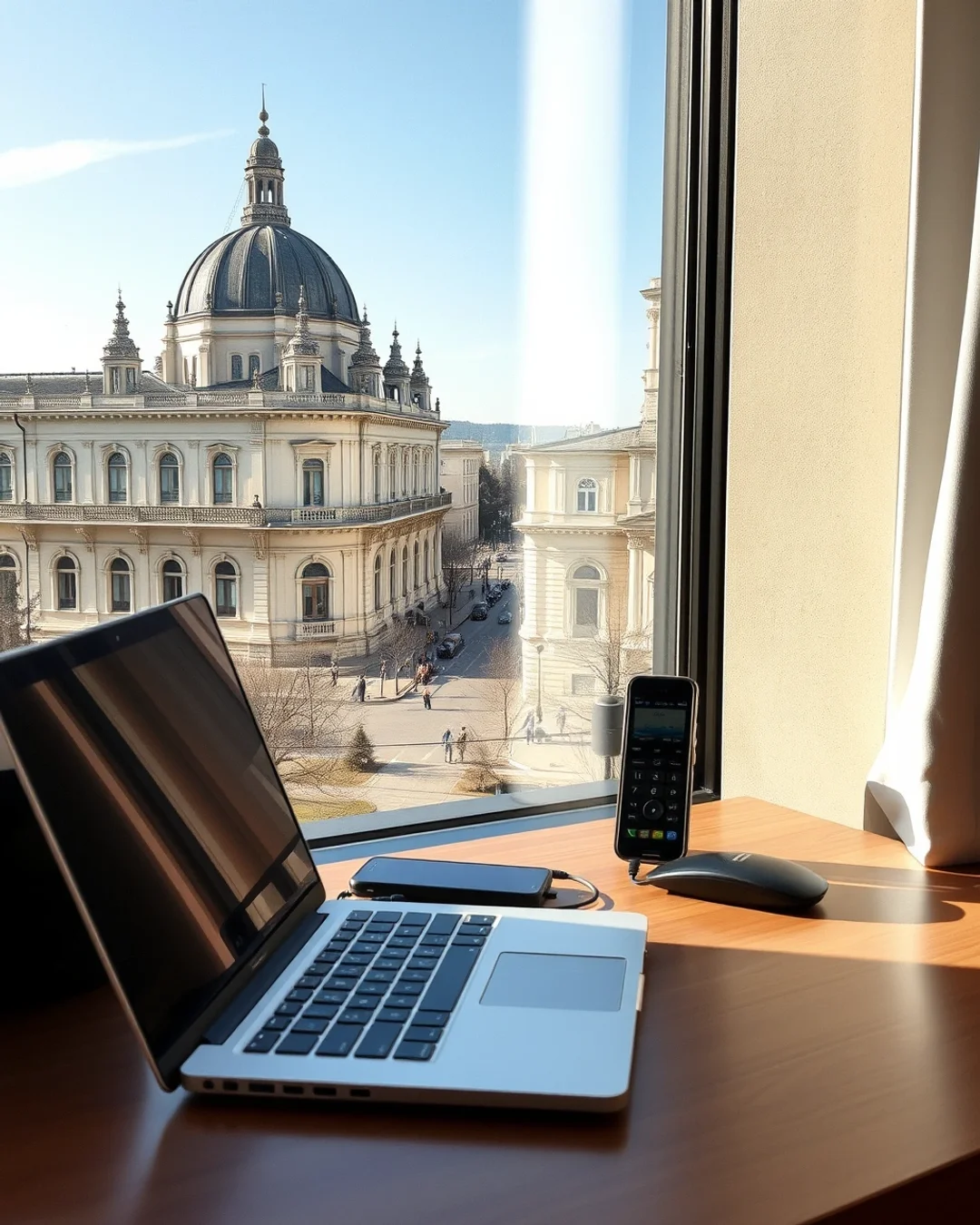 Modern, napfényes irodaasztal laptopokkal és digitális dashboarddal, háttérben Budapest üzleti panorámája.