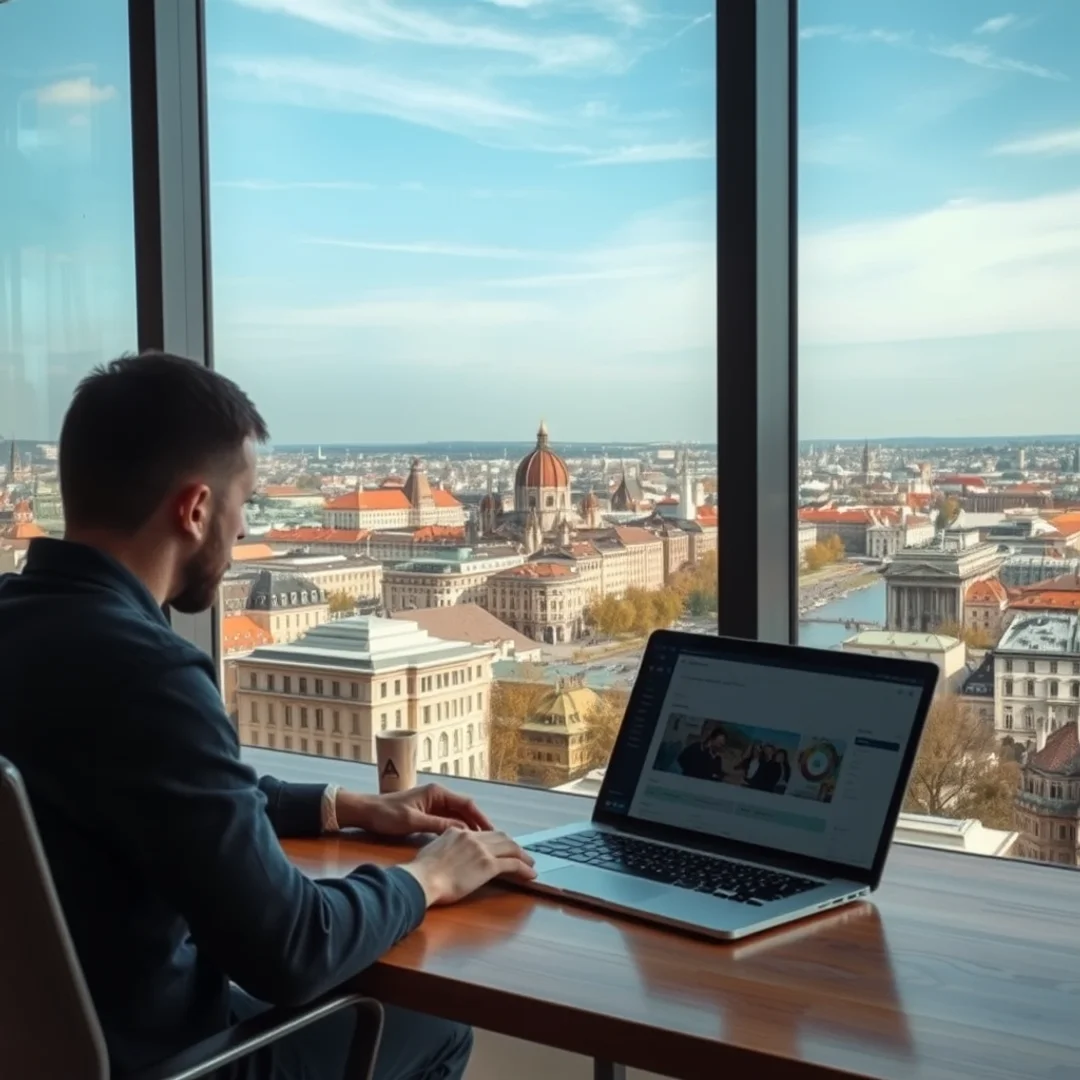 Modern, rendezett irodai asztal Pest megyei városi panorámával, zárt laptop, okostelefon és digitális dashboard megjelenítéss