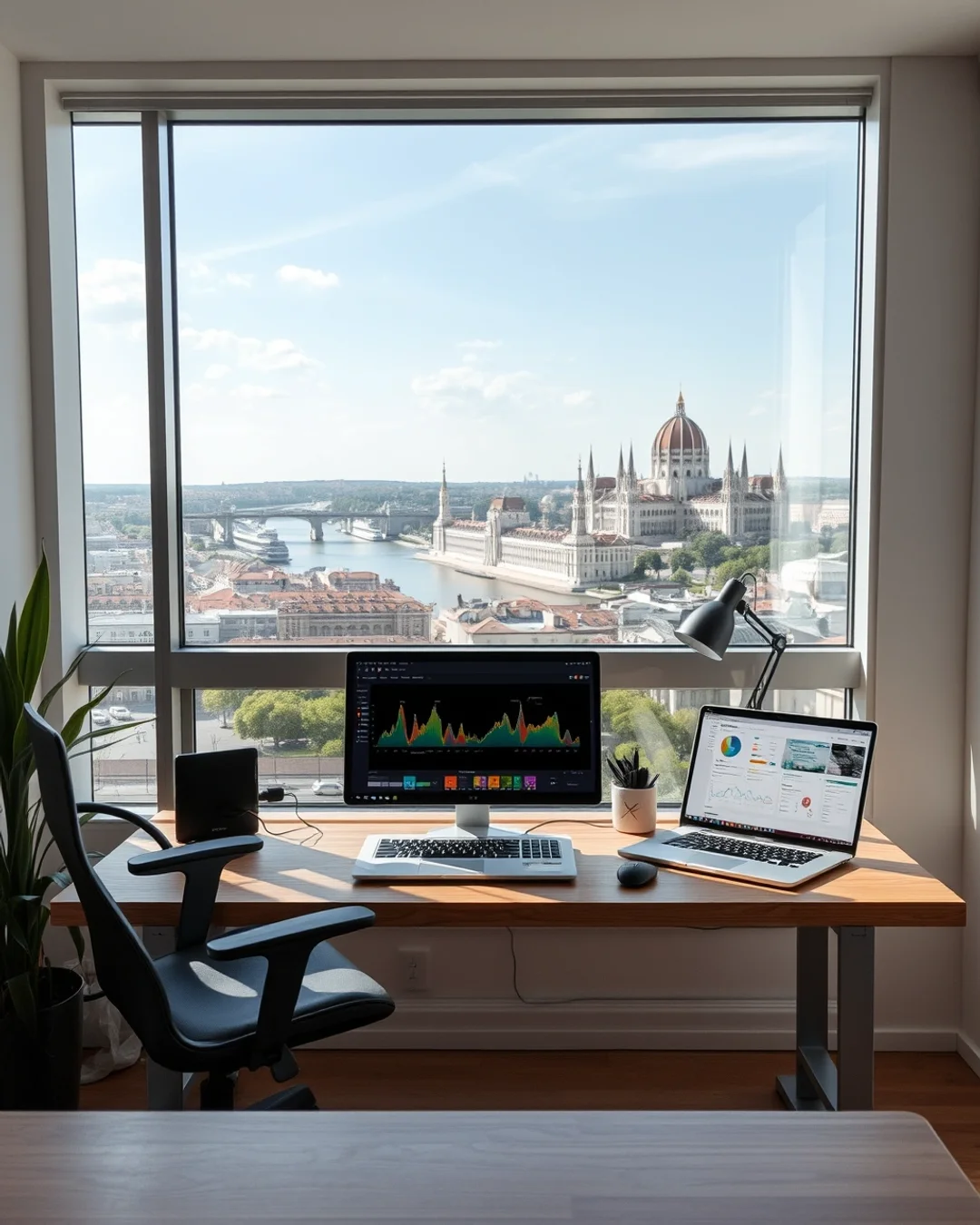 Modern irodai asztal zárt laptoppal és monitorokkal Budapest III. kerületi városi panorámával, üzleti hangulatban.