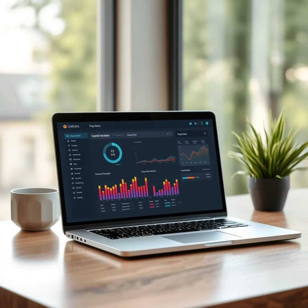 Közeli kép egy modern laptop CRM automatizálási dashboardjáról Budapest és Pest megye adatvizualizációival, letisztult irodai