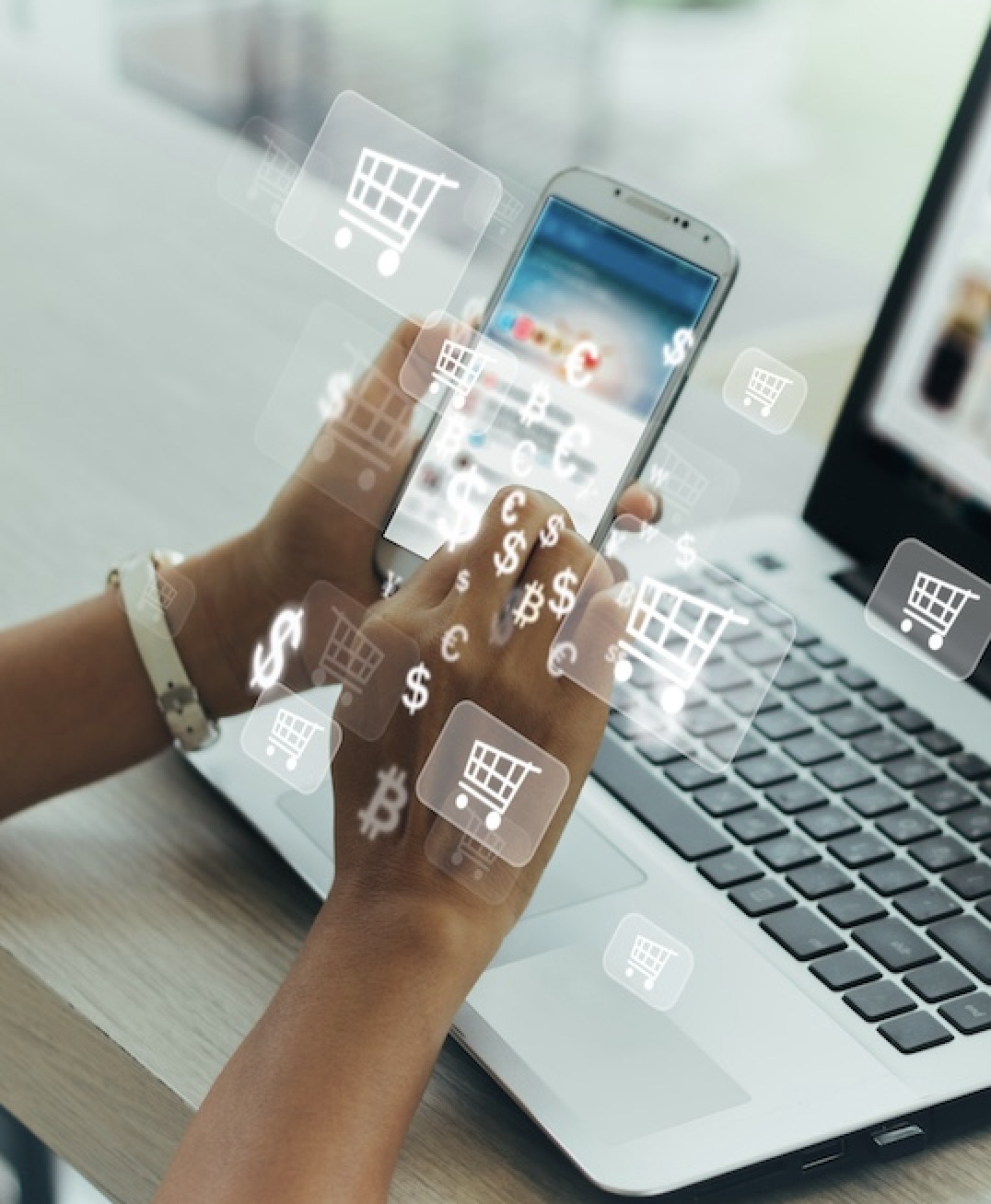 Person using smartphone with shopping icons and currency symbols, illustrating e-commerce support and online business management.
