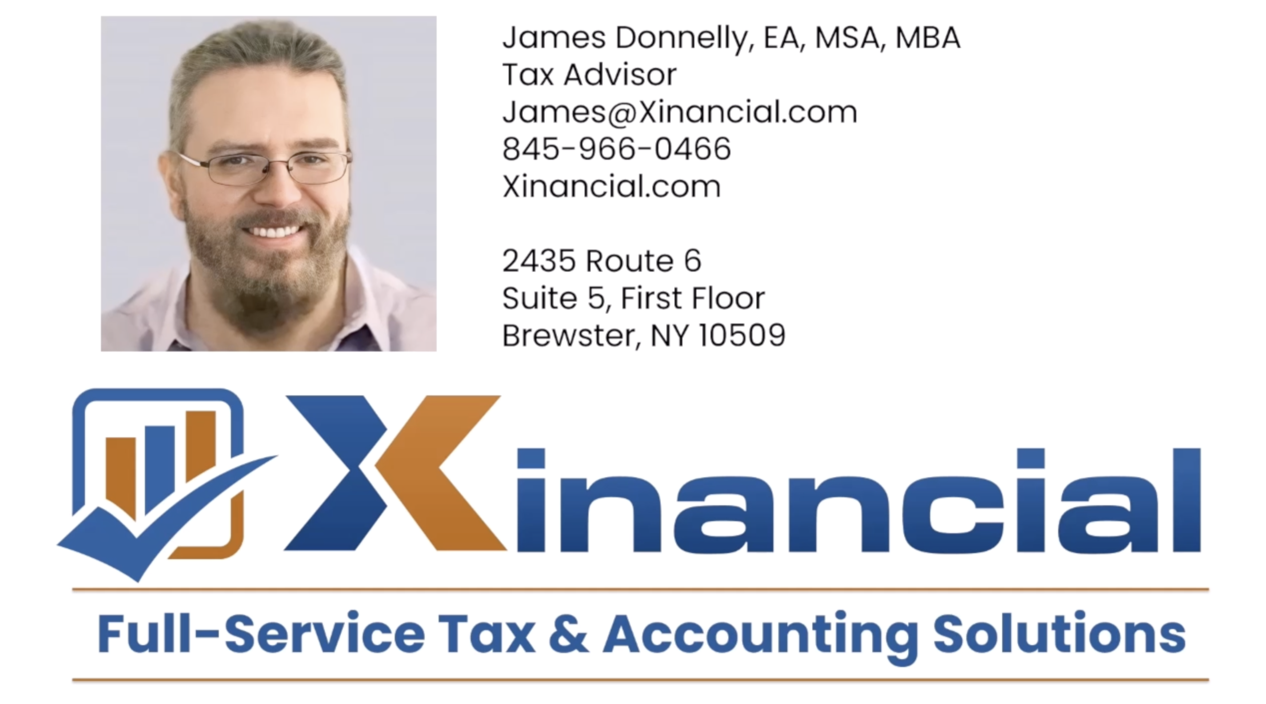 James Donnelly, tax advisor with contact information and Xinancial branding, emphasizing full-service tax and accounting solutions.