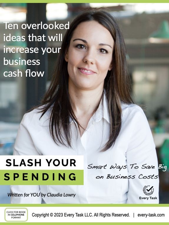 Woman smiling, promoting eBook "Slash Your Spending," featuring strategies to save on business costs, with text highlighting ideas to increase cash flow, branded by Every Task.